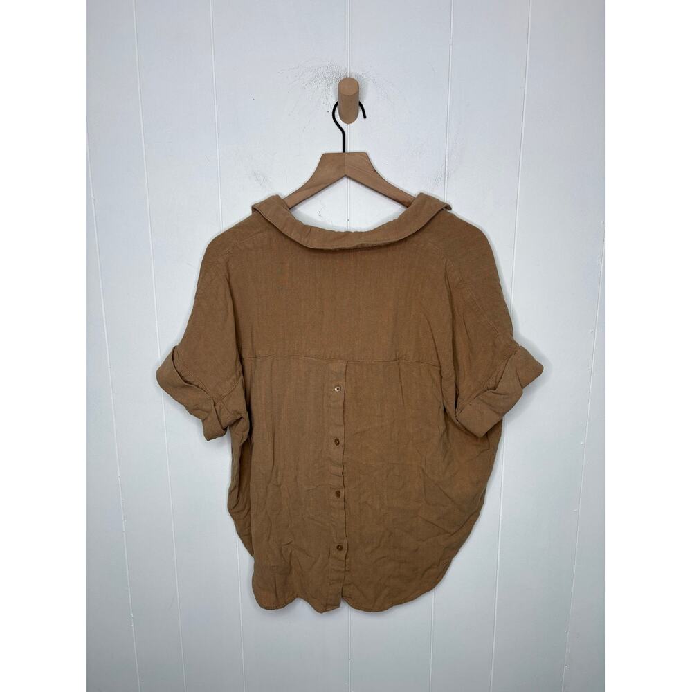 Neuflora Waco Tan Linen Blend Top Medium Button Back V Neck Cuffed Short Sleeve - Picture 4 of 9